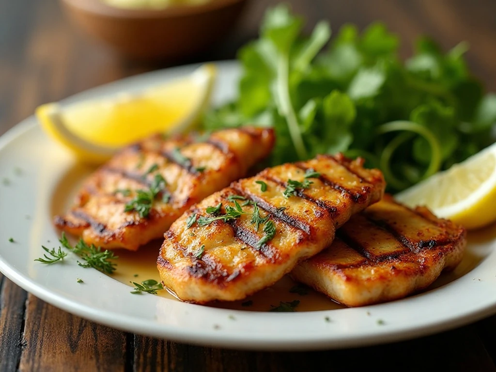 Herb and honey grilled chicken tenders served with lemon and salad