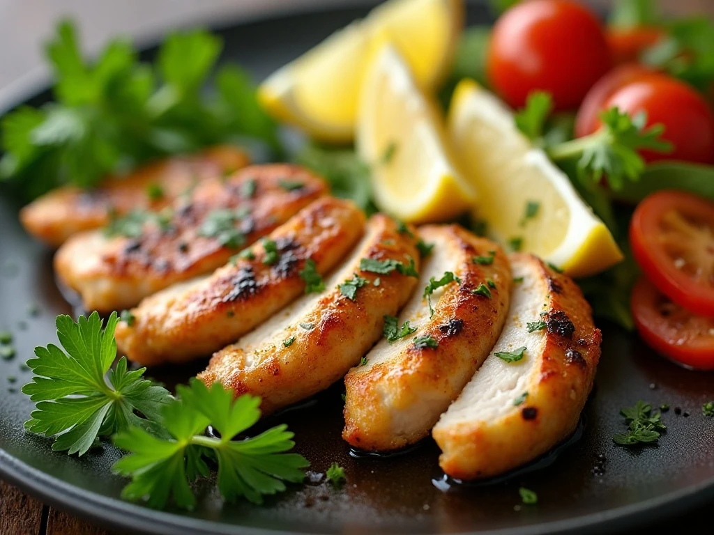 Sliced grilled chicken tenders with lemon and fresh herb garnish
