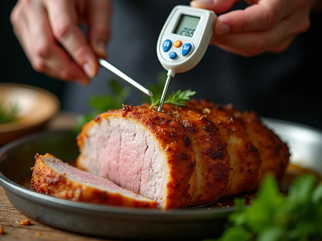Instant-read thermometer checking the doneness of roasted pork loin