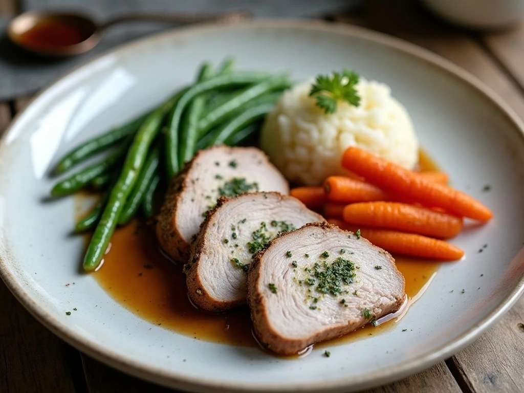 Herb-roasted pork loin dinner with mashed potatoes and vegetables