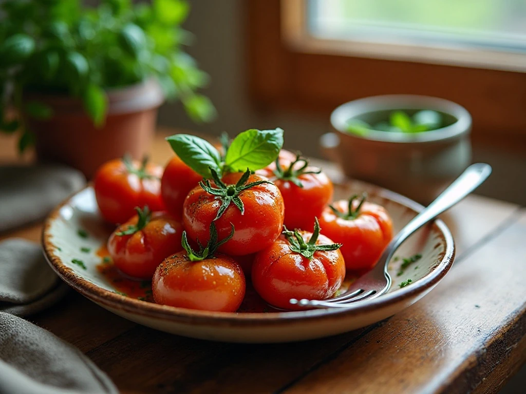 Platter of tender herb-roasted tomatoes with browned edges and fresh basil
