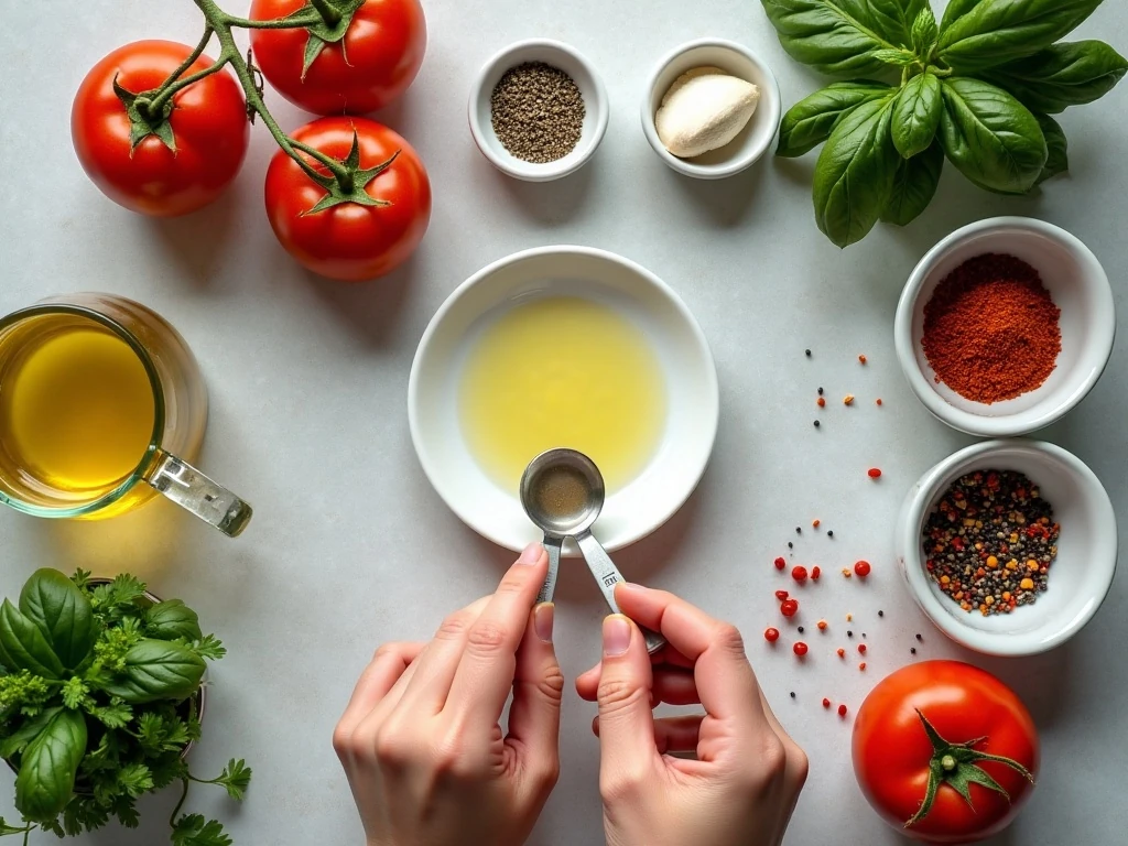 Ingredients for herb-roasted tomatoes arranged in a flat lay