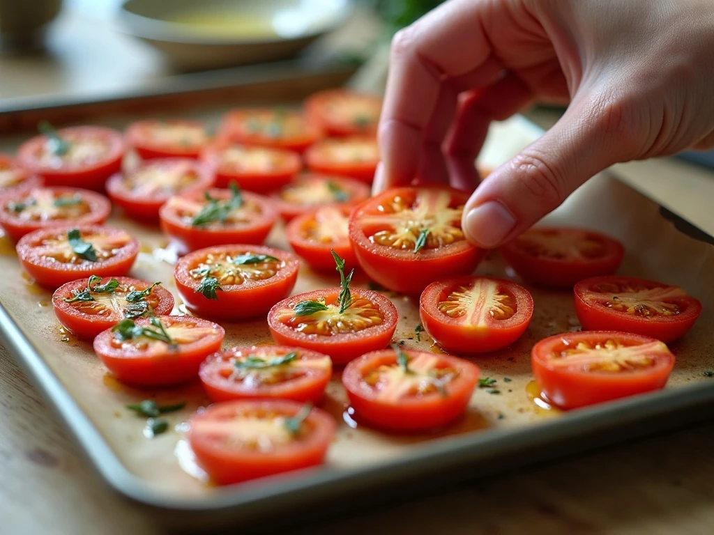 Tomatoes being coated with garlic herb oil before roasting