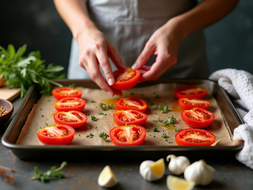 Dry tomato halves spaced on a baking sheet for roasting