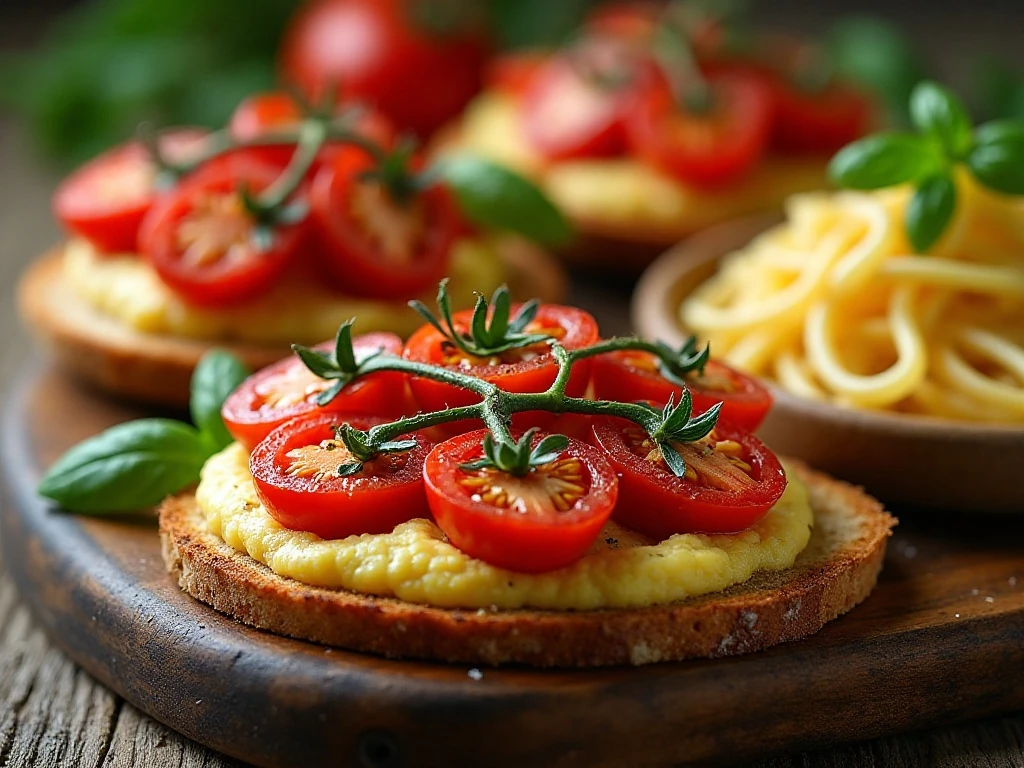 Herb-roasted tomatoes served with toast, polenta, and pasta