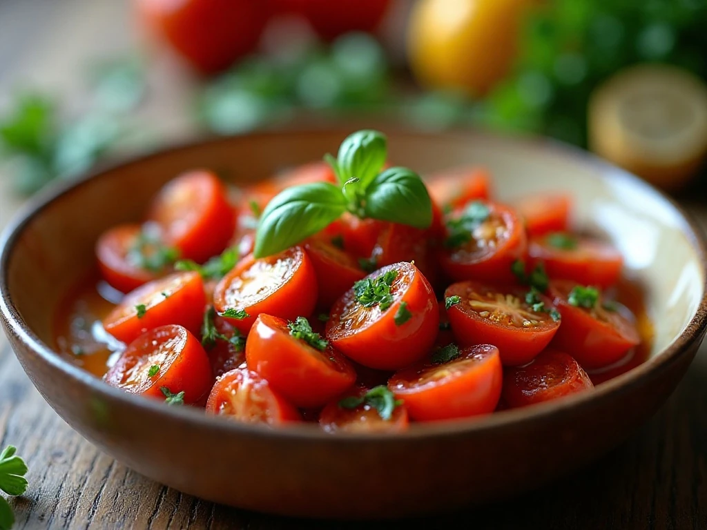 Reheated herb-roasted tomatoes finished with fresh parsley