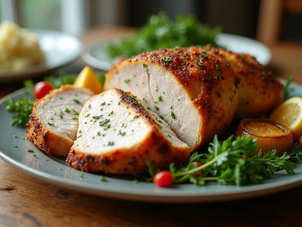 Juicy herb-roasted turkey breast served with lemon and roasted onion