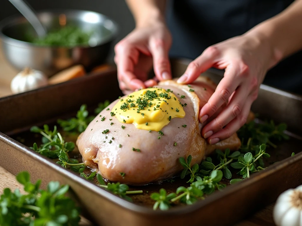 Spreading garlic herb butter under turkey skin before roasting