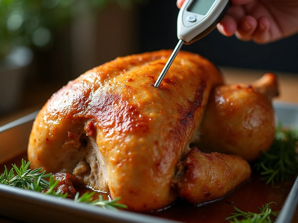 Checking roasted turkey breast temperature with an instant-read thermometer