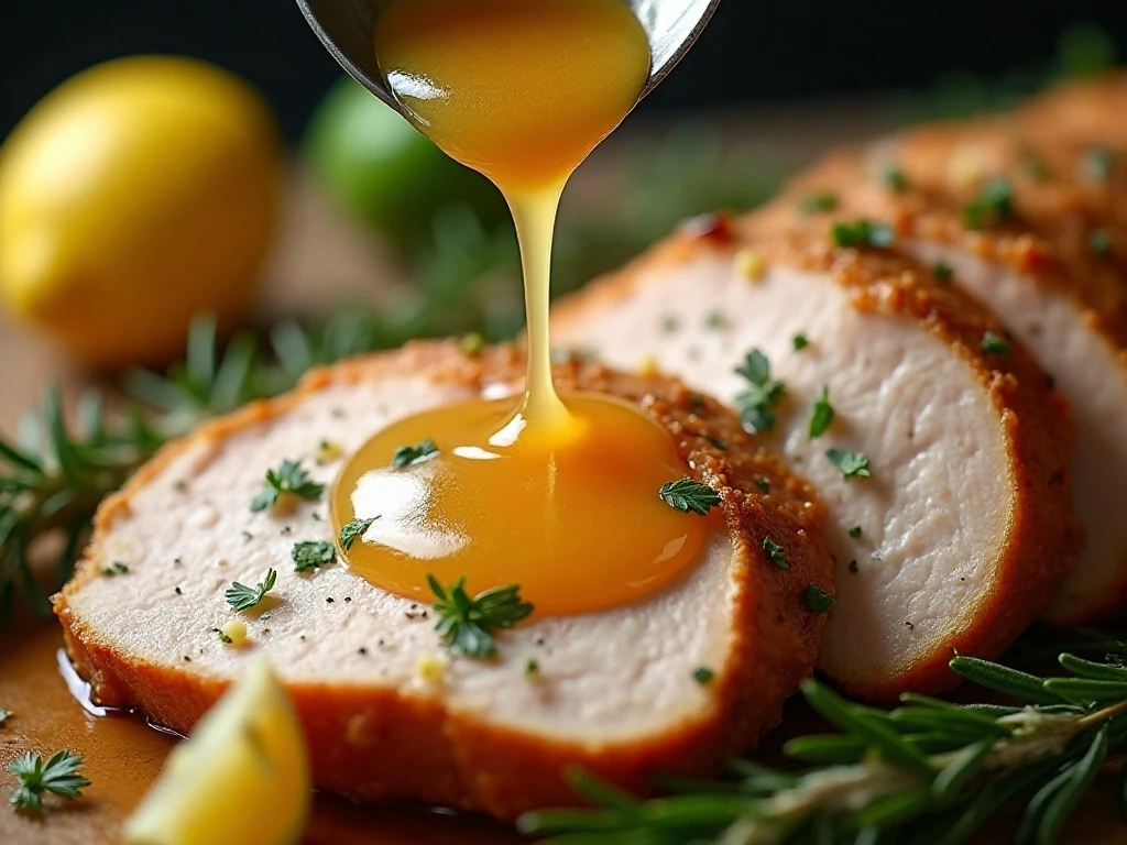 Pan juices spooned over sliced herb-roasted turkey breast