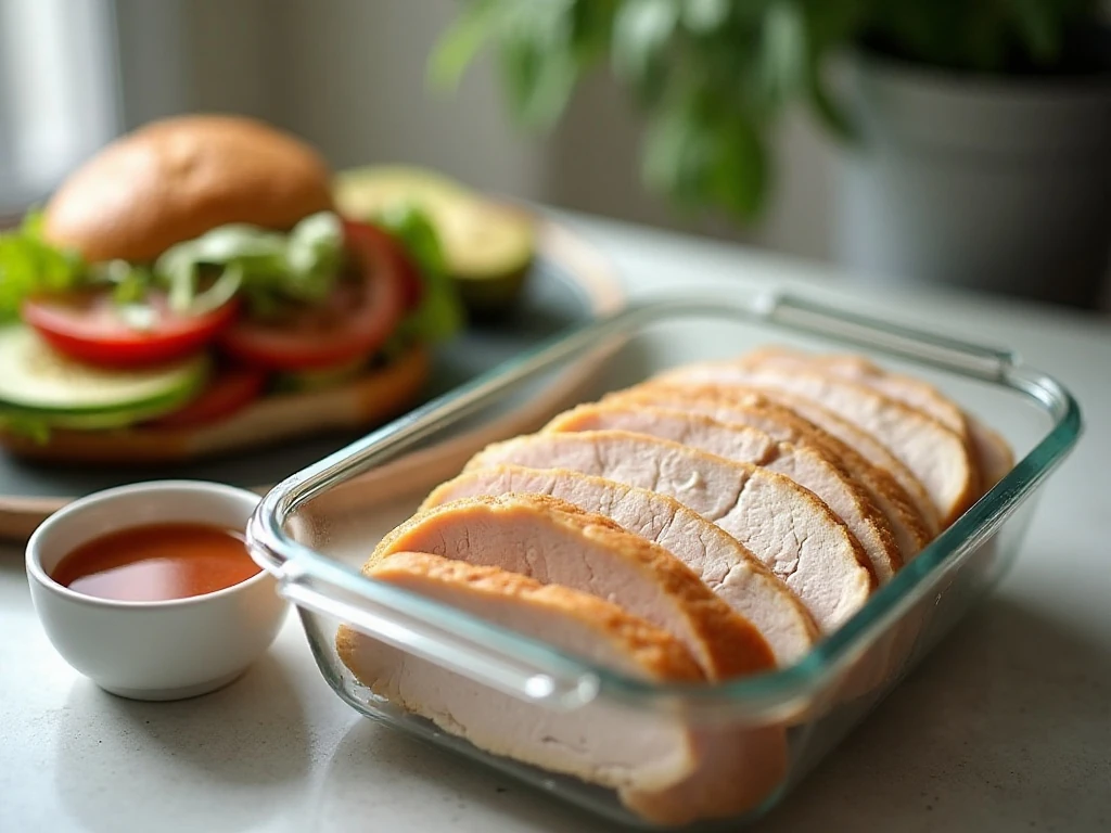 Stored leftover roasted turkey slices with pan juices