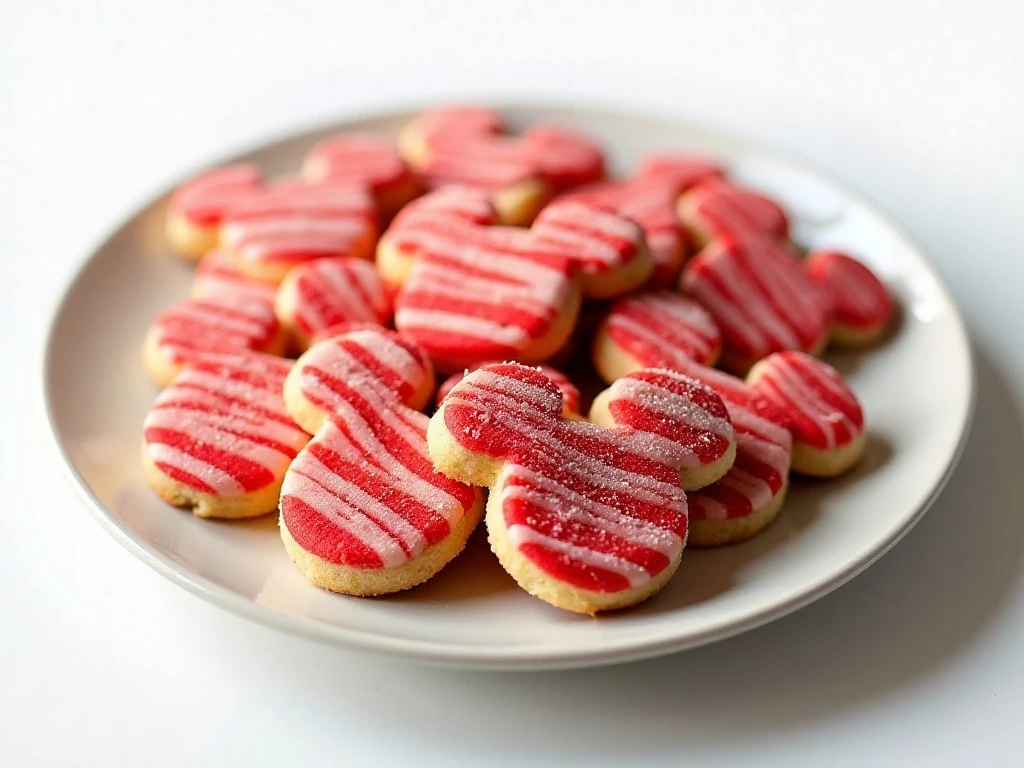 Red and white Hidden Mickey candy cane cookies on a holiday plate