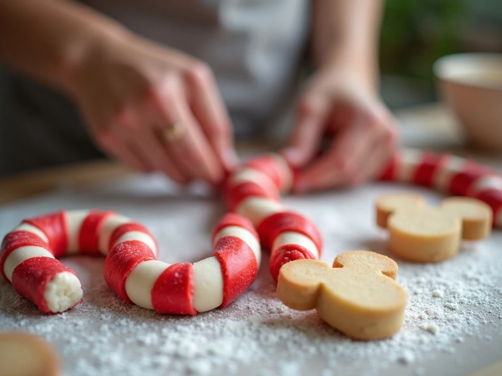 Shaping red and white dough into Hidden Mickey candy cane cookies