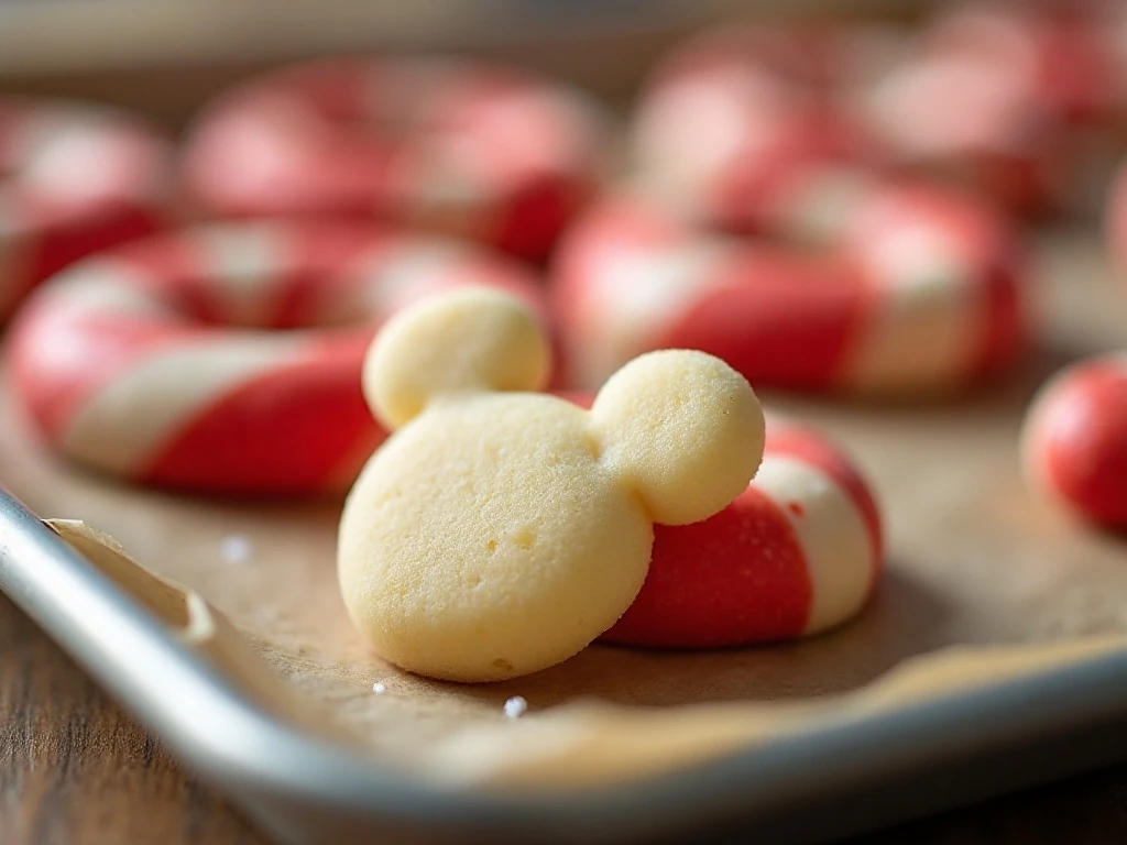 Close-up of the Hidden Mickey detail on a candy cane cookie