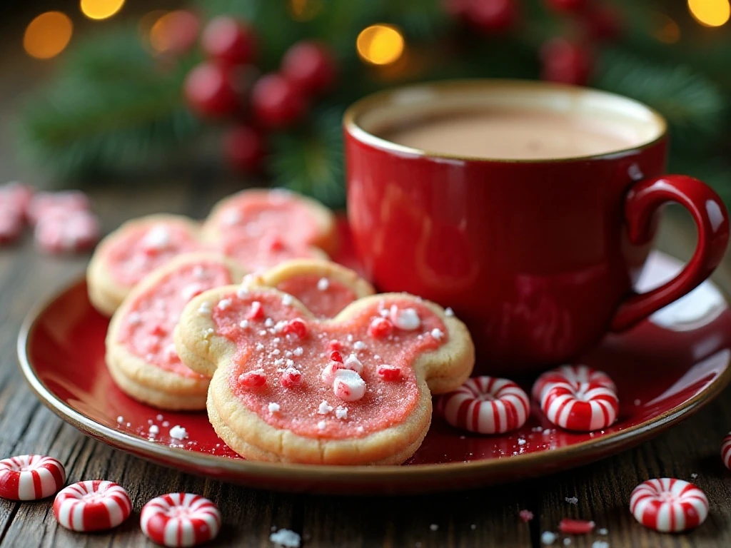 Hidden Mickey candy cane cookies served with hot cocoa