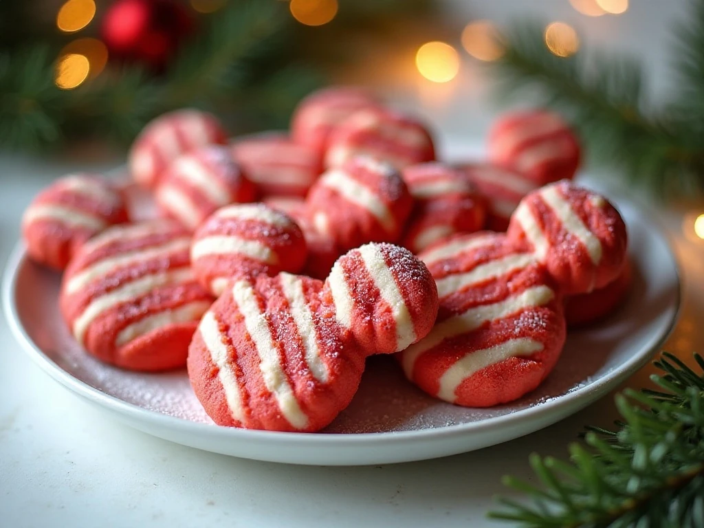 Finished Hidden Mickey candy cane cookies arranged on a holiday platter