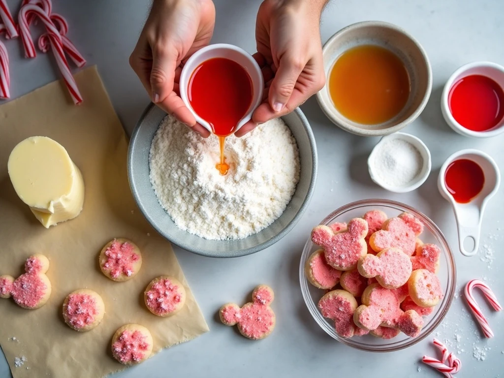 Ingredients for red and white Hidden Mickey candy cane cookies