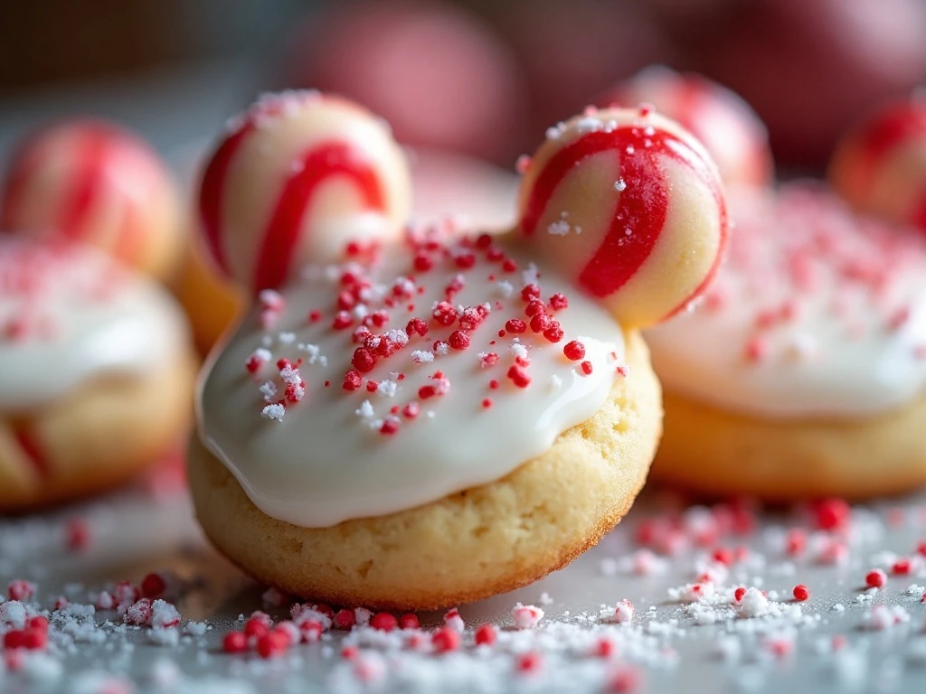 Close-up of the Mickey ear detail on a peppermint candy cane cookie