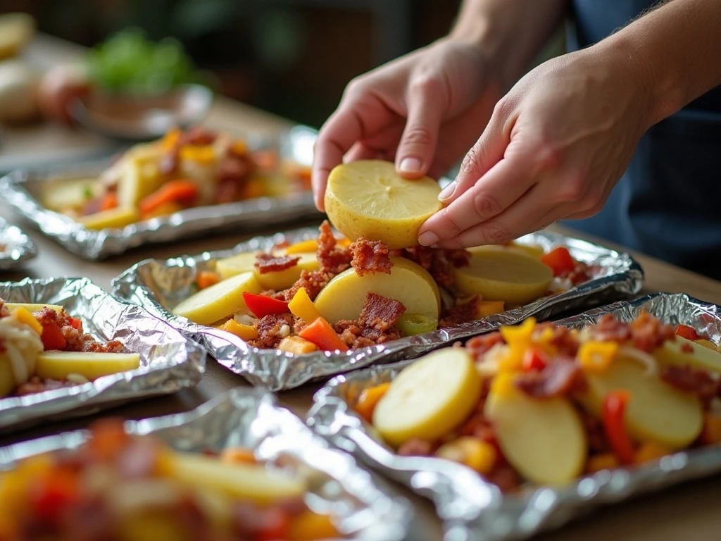 Preparing potato, bacon, onion, and pepper foil packets