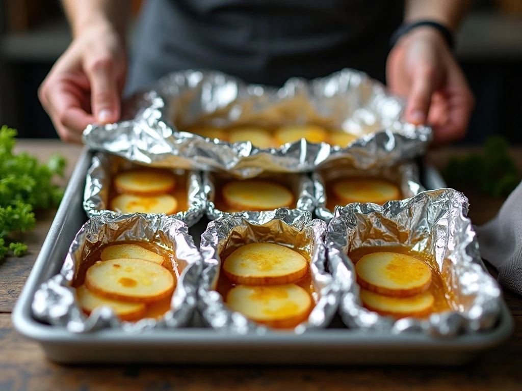 Foil packets arranged for even oven cooking