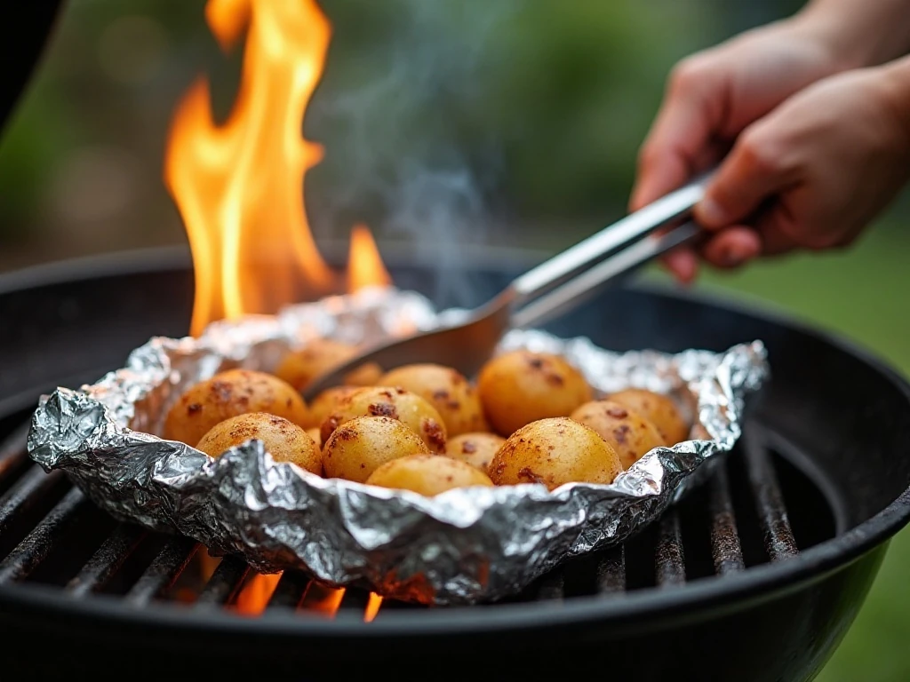 Hobo potato foil packets cooking on a medium grill