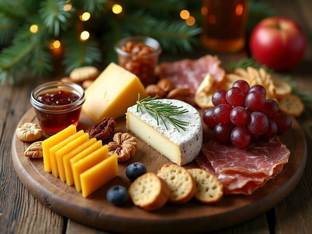 Holiday cheese board with roasted grapes and assorted cheeses