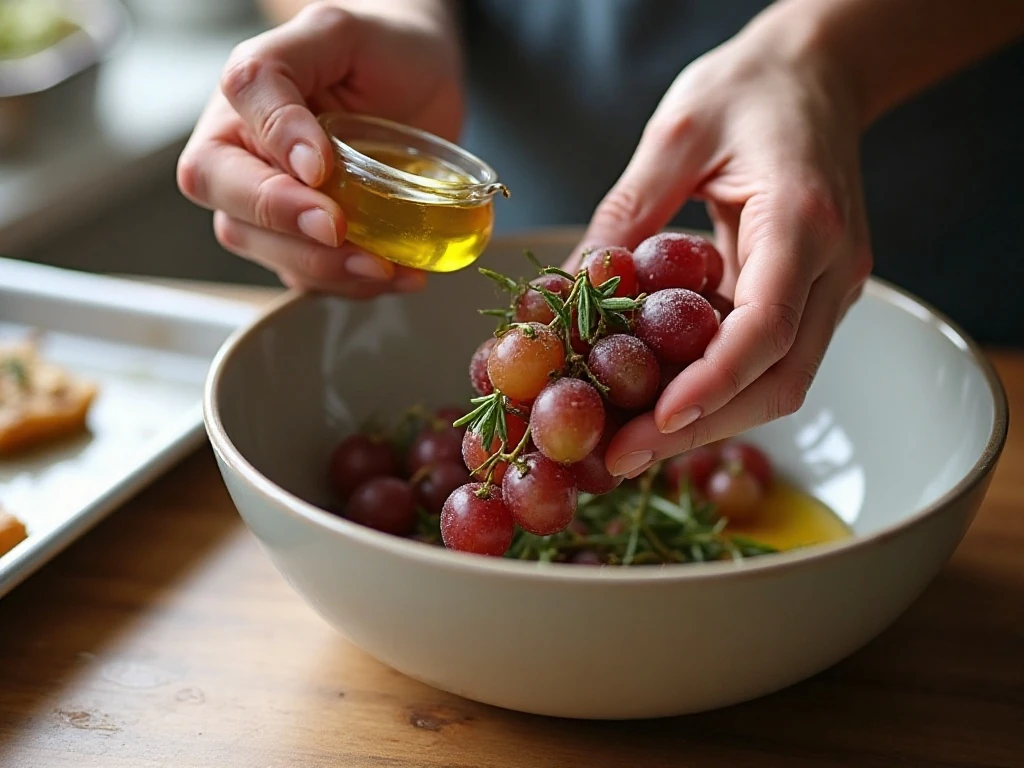 Seasoning grapes before roasting for a cheese board