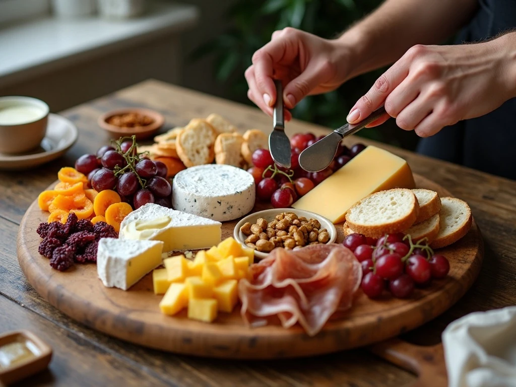 Arranging a holiday cheese board with roasted grapes