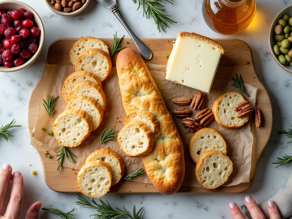 Ingredients for holiday Brie and cranberry crostini arranged on a table