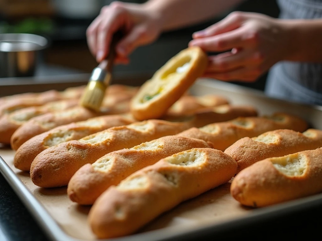 Baguette slices arranged on a baking sheet for crostini