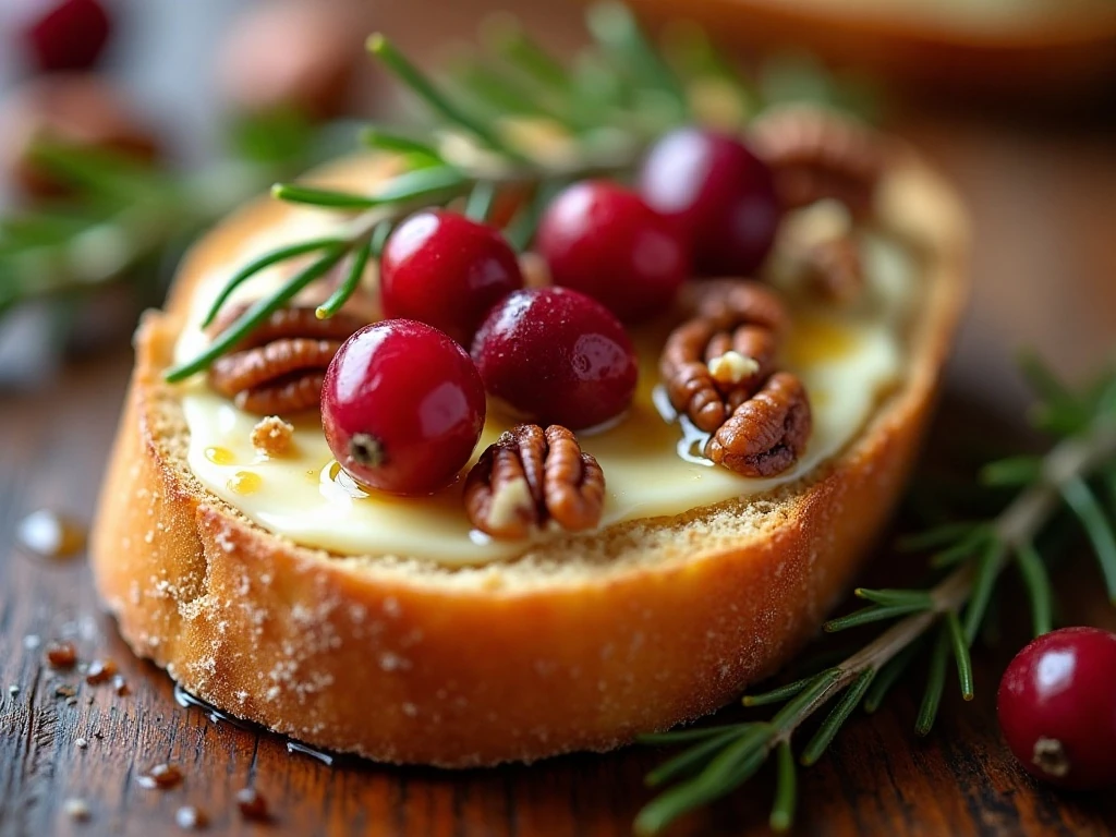 Close-up of Brie cranberry crostini with nuts herbs and honey