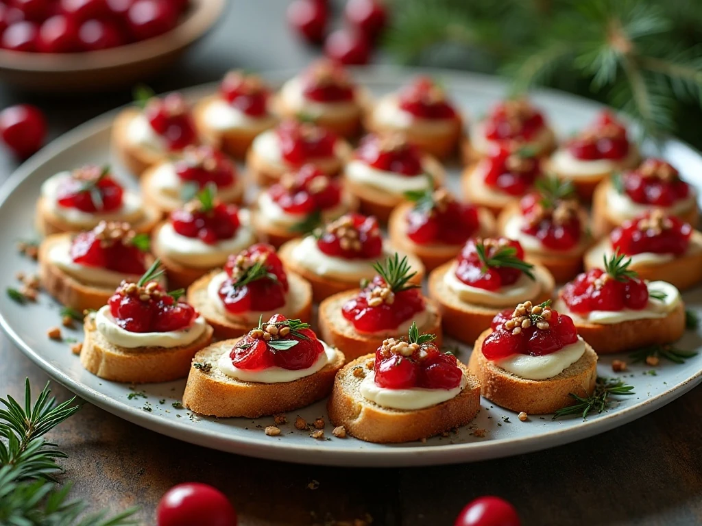 Festive platter of warm holiday crostini ready for entertaining