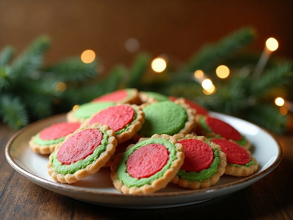 Red and green festive holiday pinwheel cookies arranged on a Christmas platter