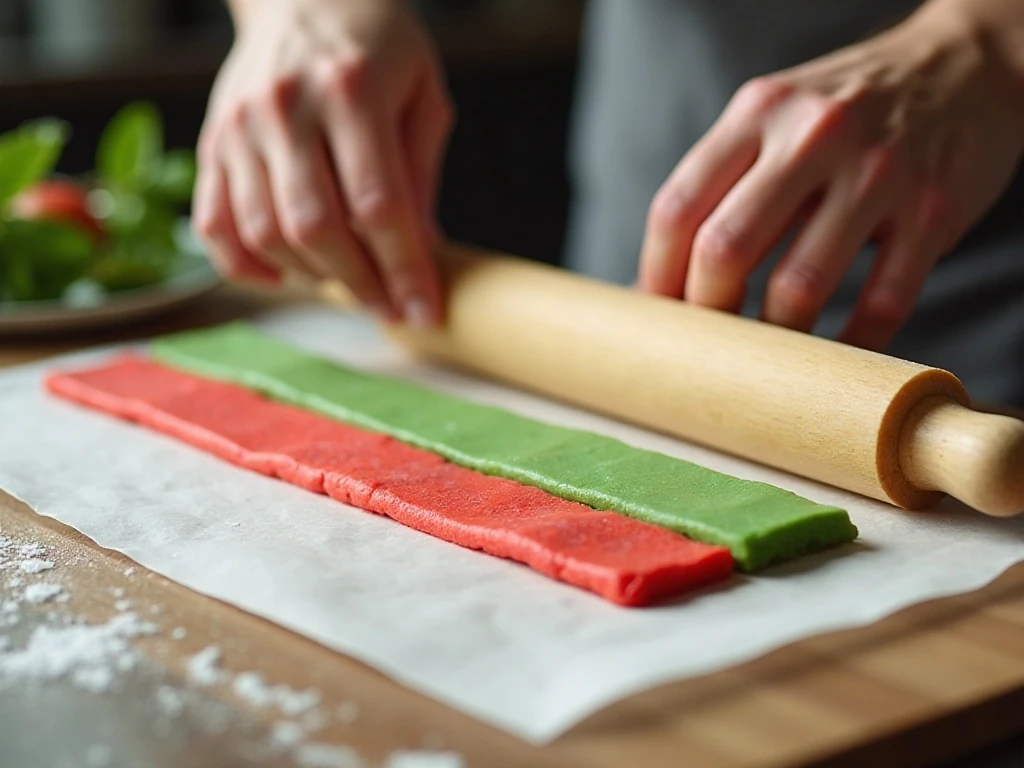 Layering red and green dough for holiday pinwheel cookies