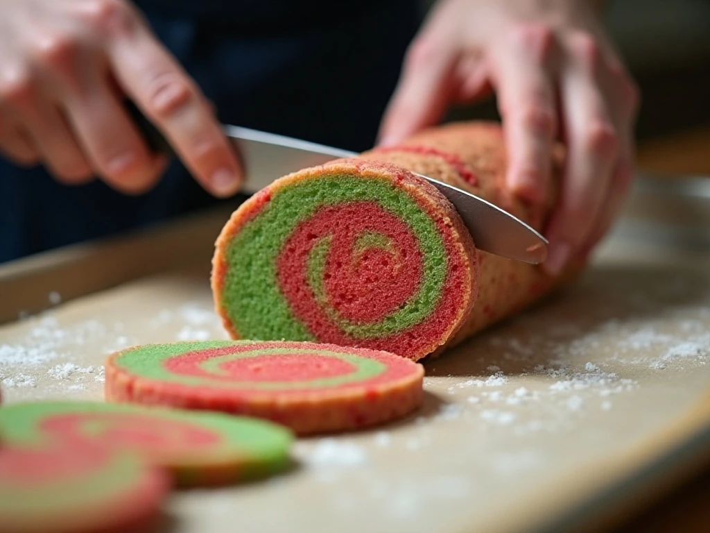 Slicing chilled red and green cookie dough into pinwheels