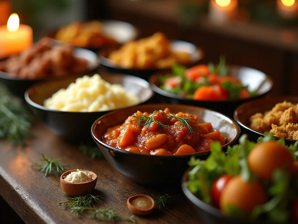 A colorful spread of holiday side dishes on a festive dinner table