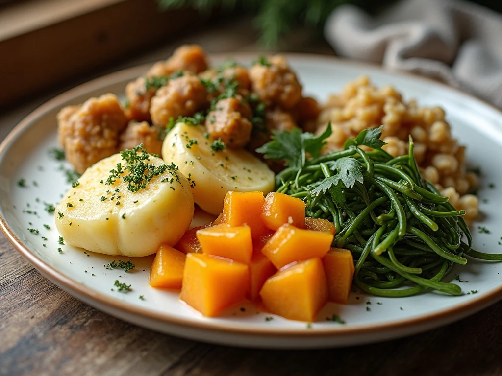 Balanced holiday plate with colorful vegetables, potatoes, stuffing, and relish