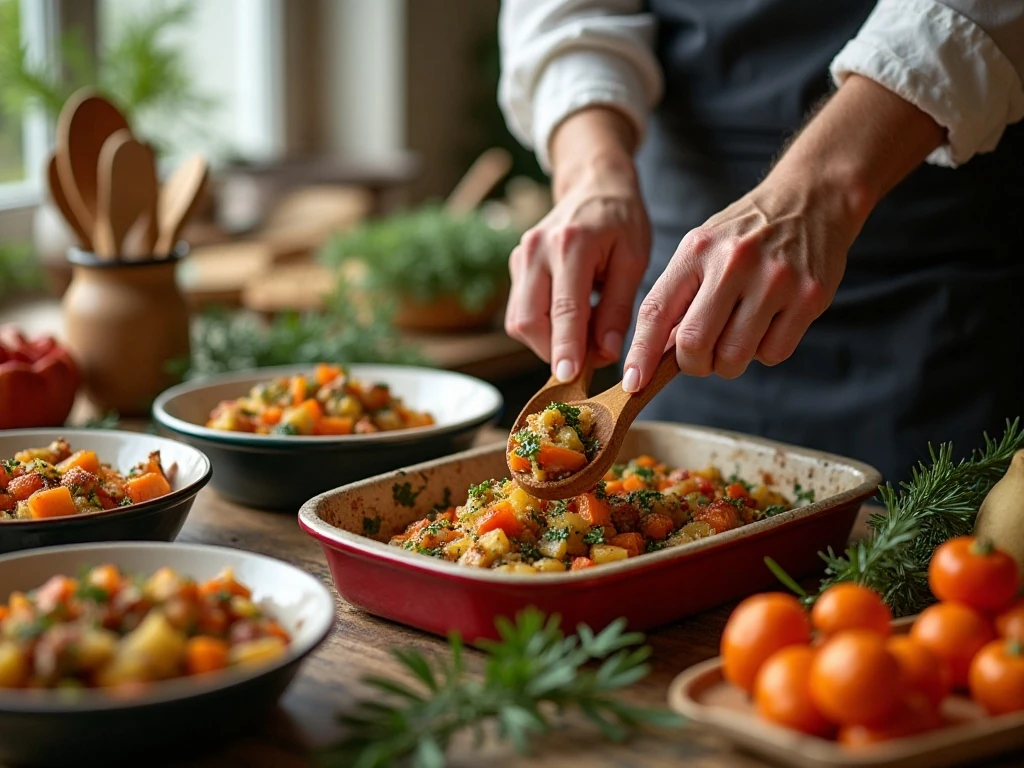 Preparing assorted holiday side dishes in a home kitchen