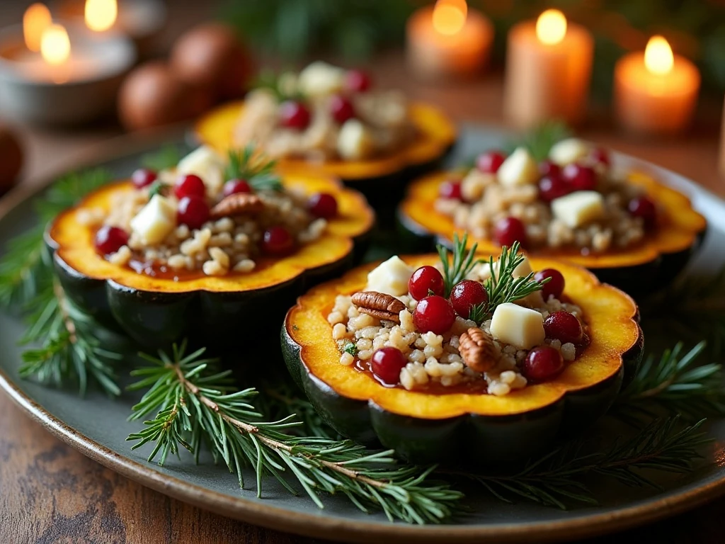 Festive stuffed acorn squash with wild rice and cranberries on a holiday table