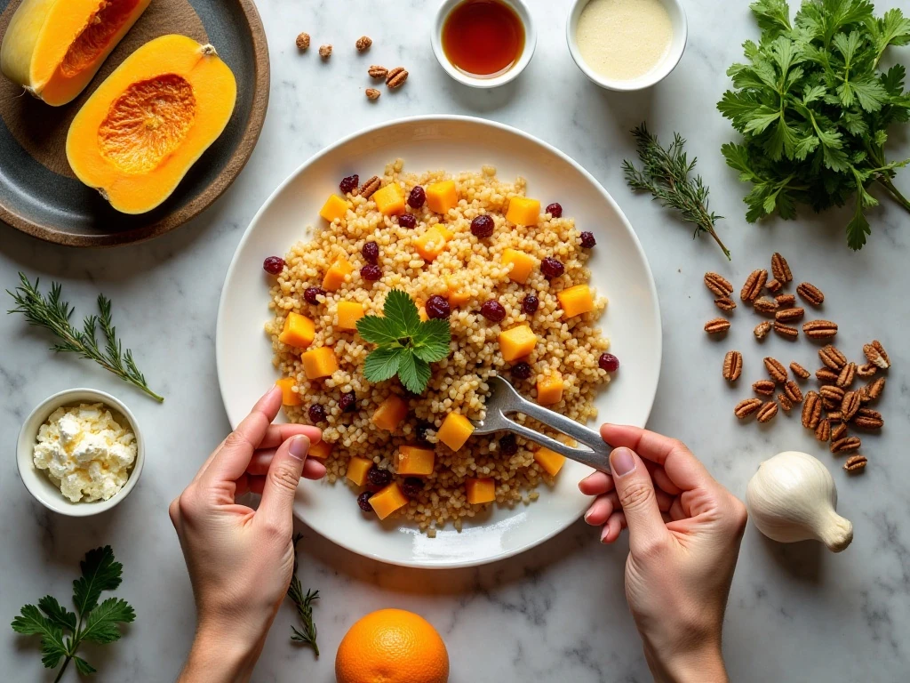 Ingredients for holiday stuffed acorn squash with wild rice