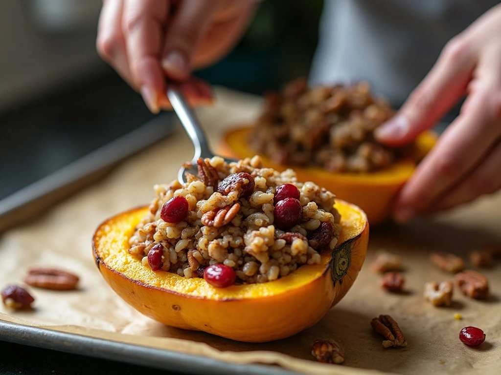 Filling roasted acorn squash halves with wild rice mixture