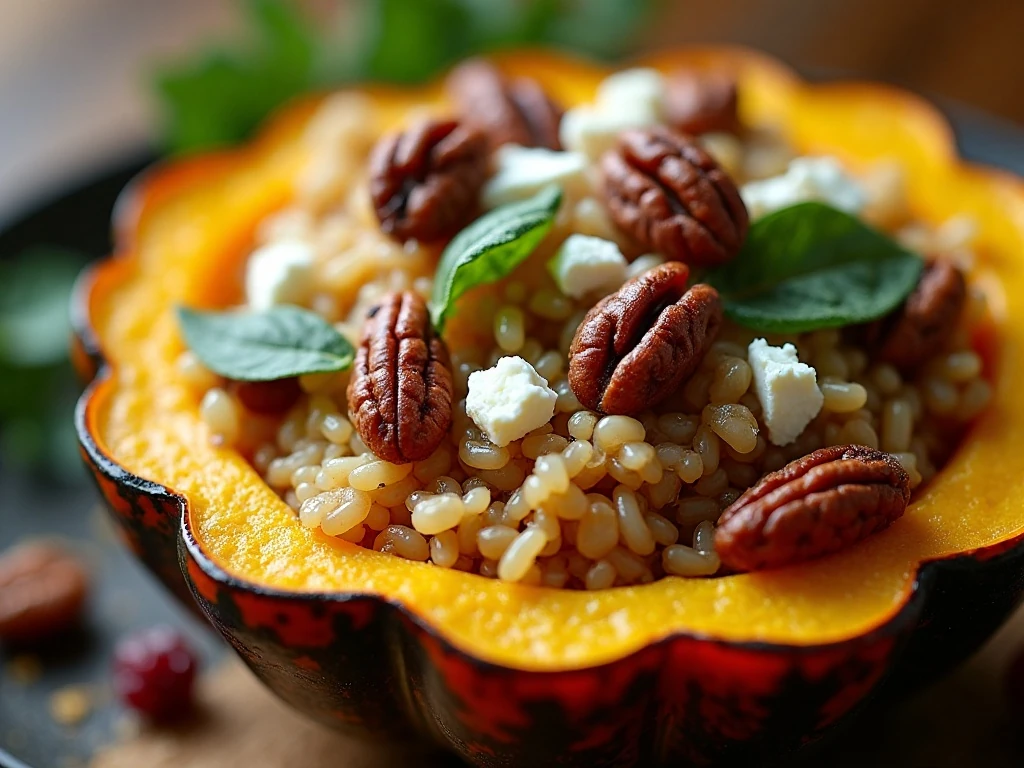 Close-up of pecans cranberries herbs and cheese on stuffed squash