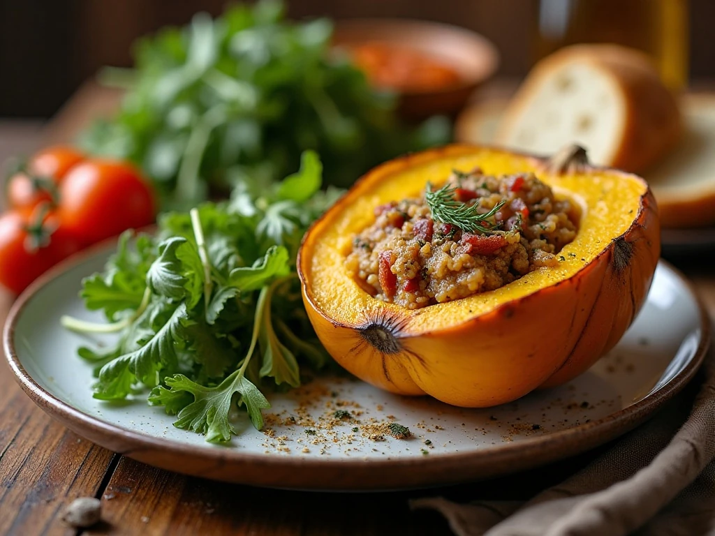 Holiday meal served with stuffed acorn squash and seasonal sides