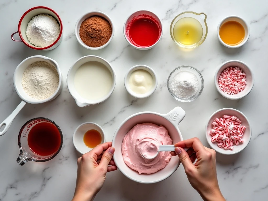 Ingredients for Holly red velvet cupcakes with peppermint frosting