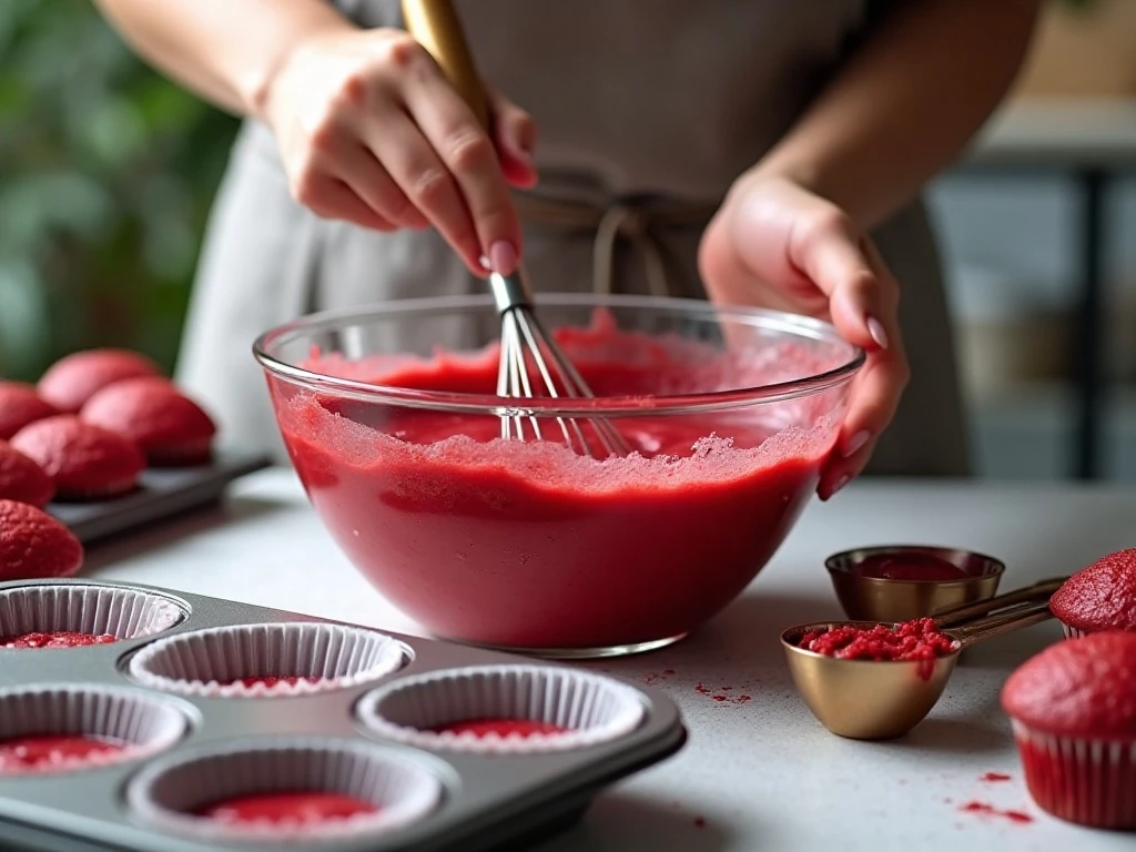 Mixing red velvet cupcake batter before baking