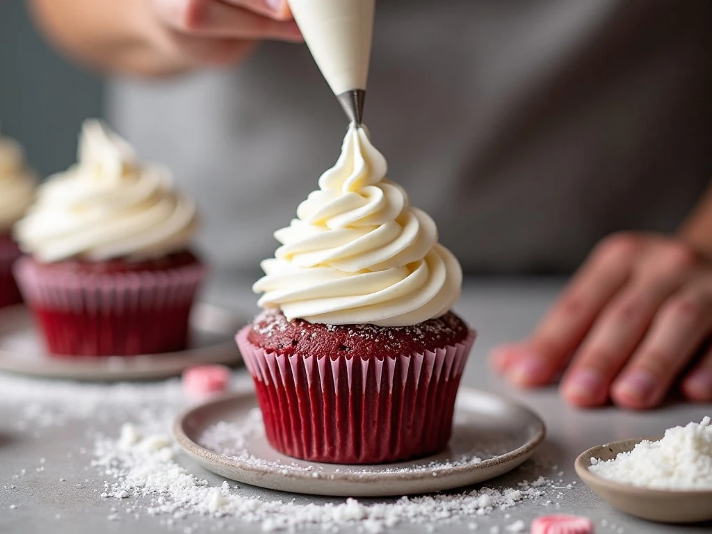 Piping smooth peppermint cream-cheese frosting onto a cupcake