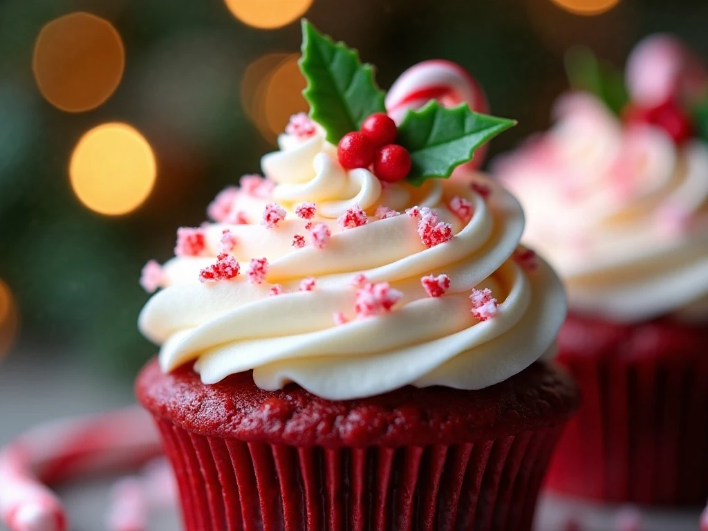 Peppermint candy garnish on red velvet cupcake frosting
