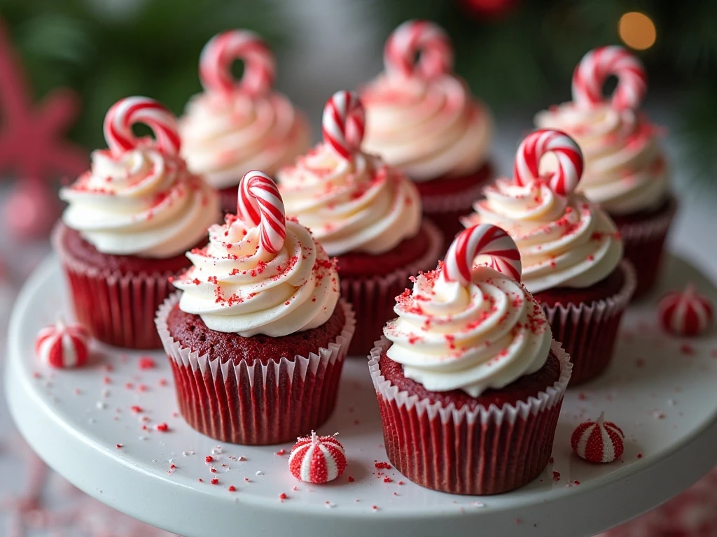 Finished red velvet cupcakes with peppermint frosting ready to serve