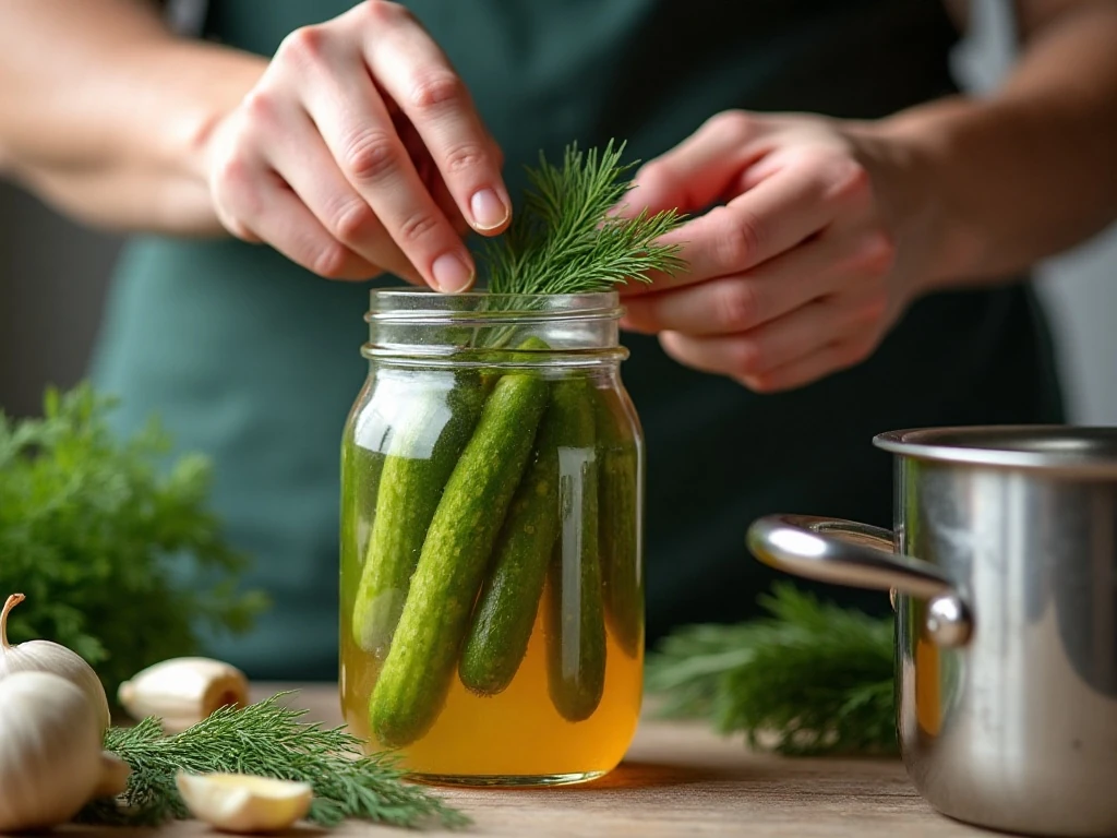 Packing cucumbers and dill into a pint jar for home canning