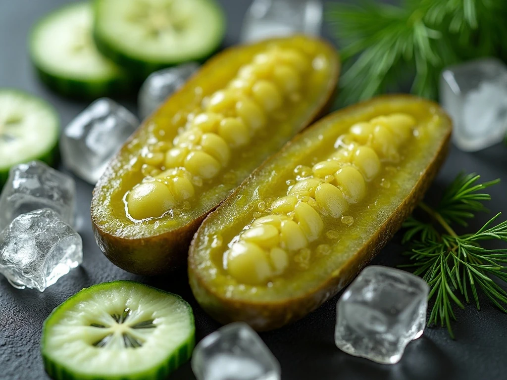 Close-up of a crisp dill pickle with fresh dill and cucumber slices